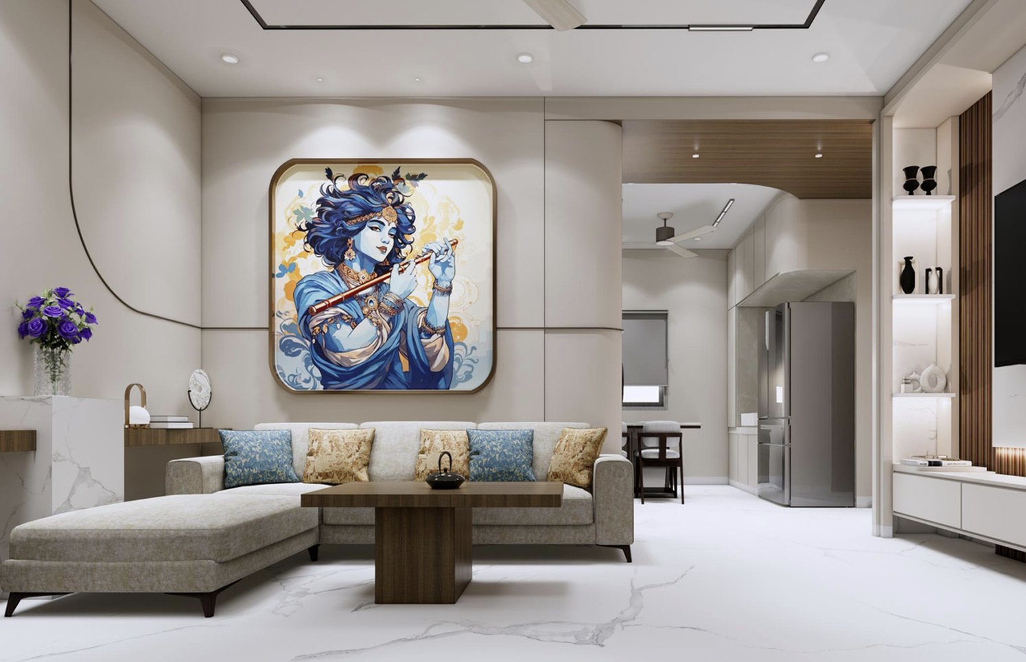 Delhi apartment — living area with statement artwork