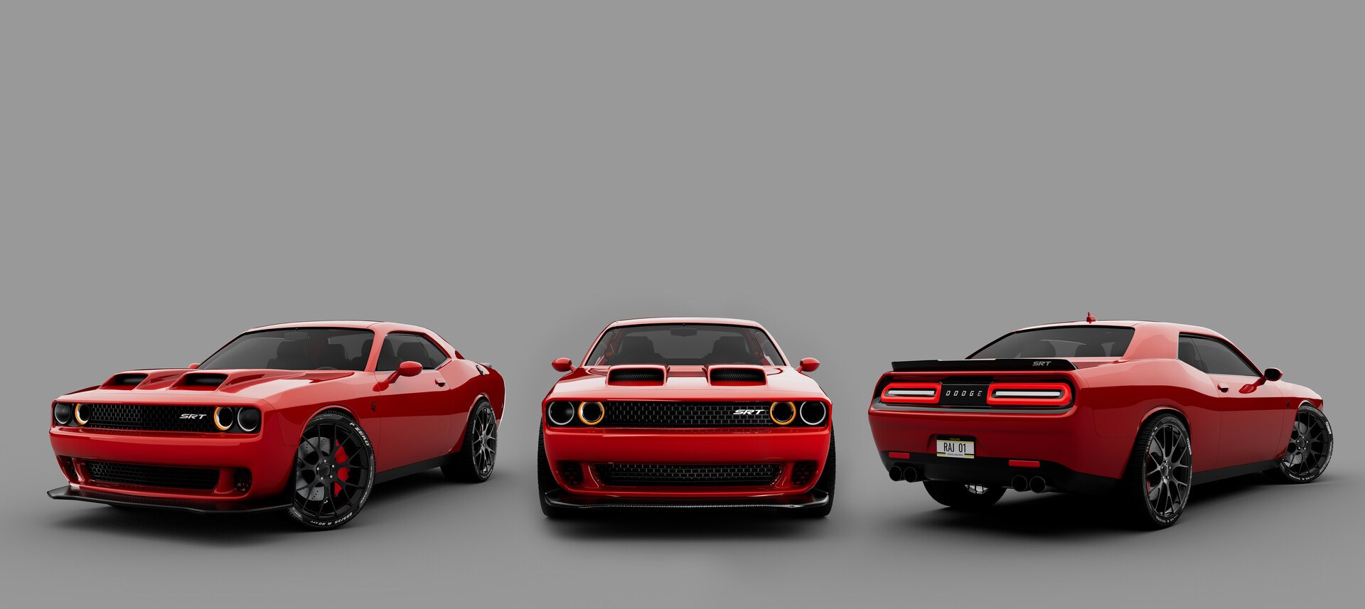 Muscle coupe — front, side and rear three-quarter views