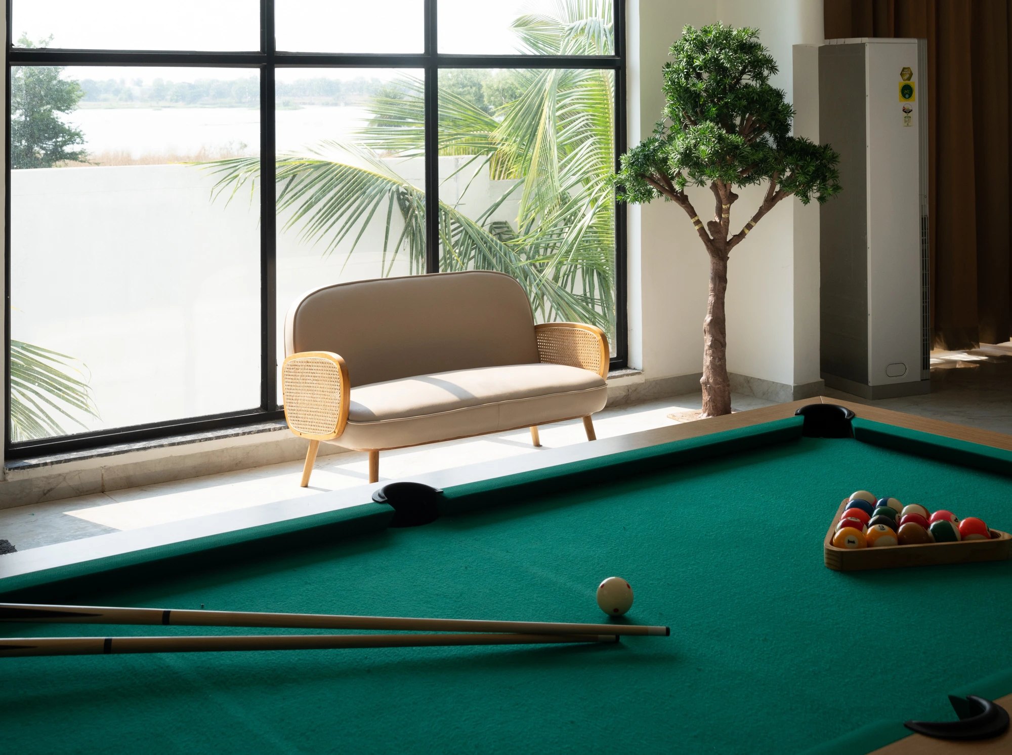 Azure Cove — games room with pool table facing the lake